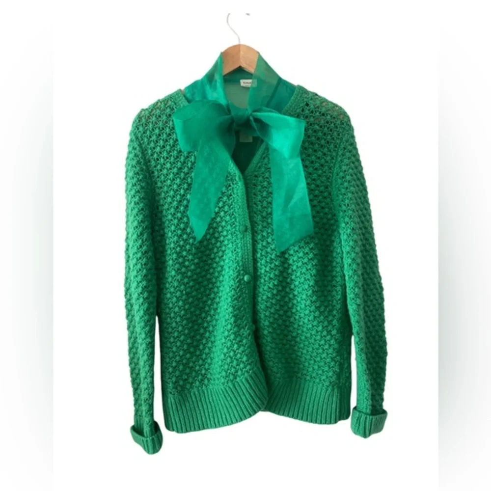 L.Bean women's crochet button-front wool blend cardigan in green size L pristine